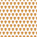 Vector pixel art seamless pattern of slices of pizza with sausage, cheese and olives on white background