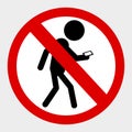 Simple vector prohibition sign, No Mobile Phone While Walking, at gray background