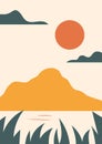 Simple vector landscape poster with hills, sun, sea, vintage oriental style. Warm retro red, yellow, beige, green Royalty Free Stock Photo