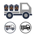 Simple vector round icon of a truck with three garbage cans in the back. Schematic clipart of a machine for the removal of