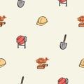 Simple vector seamless pattern with hard hat, brick wall, concrete mixer, shovel. Editable background with construction Royalty Free Stock Photo