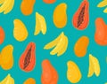 Simple vector seamless pattern with tropical fruits. Texture with mango, papaya and bananas on a turquoise background. Surface