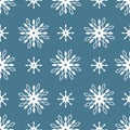 Simple vector seamless pattern with white abstract snowflakes on blue background. Royalty Free Stock Photo