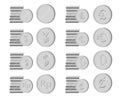 Simple Vector Set 8 Stack Silver or Chrome Coin, isolated on White