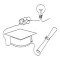 simple vector sketch certificata graduation cap and bulb line single one line art, continuous Royalty Free Stock Photo