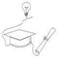 simple vector sketch certificata graduation cap and bulb line single one line art, continuous Royalty Free Stock Photo