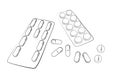 Simple vector sketch top view, stack of pills and capsules