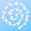 Simple vector of white blank papers flying in the spiral motion in the wind on blue background Royalty Free Stock Photo