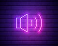 Simple volume icon, audio speaker, sound symbol. Colour neon style on brick wall background. Light linear icon with