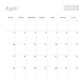Simple wall calendar for April 2023 with dotted lines. The calendar is in English, week start from Monday Royalty Free Stock Photo