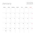 Simple wall calendar for January 2023 with dotted lines. The calendar is in English, week start from Monday Royalty Free Stock Photo