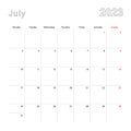 Simple wall calendar for July 2023 with dotted lines. The calendar is in English, week start from Monday Royalty Free Stock Photo