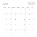 Simple wall calendar for June 2023 with dotted lines. The calendar is in English, week start from Monday Royalty Free Stock Photo