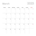 Simple wall calendar for March 2023 with dotted lines. The calendar is in English, week start from Monday Royalty Free Stock Photo