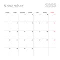 Simple wall calendar for November 2023 with dotted lines. The calendar is in English, week start from Monday Royalty Free Stock Photo