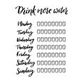Simple water tracker with 8 glasses every day of week. Black handwritten text, printable journal page. Royalty Free Stock Photo