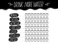 Simple water tracker with 8 glasses every day of week. Black and white handwritten text, printable journal page. Drink Royalty Free Stock Photo