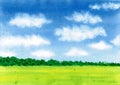Simple Watercolor Landscape, Beautiful Hand Drawn Illustration. Deep Blue Sky With White Clouds, Green Grass And Forest