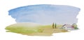 Simple watercolor landscape with meadows and lonely house with some trees. Horisontal rural illustration isolated on white