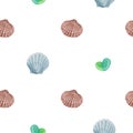 Simple watercolor seamless pattern with shells, scallops, sea glasses on a white background