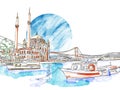 Simple watercolor sketch of Istanbul, Turkey. City view of the Ortakoy Mosque with the Bosphorus Bridge. Landscape Royalty Free Stock Photo