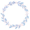 Simple watercolor vector winter season Christmas wreath, artistic round frame with transparent textured blue leaves and festive