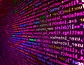 Simple website HTML code with colorful tags in browser view on dark background. Creative Js HTML5 closeup set on background.