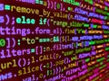 Simple website HTML code with colourful tags in browser view on dark background. Data bits computer bits, shadow and dark vignette Royalty Free Stock Photo