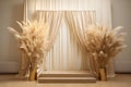 Simple wedding stage with white drape and plants