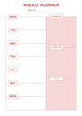 Simple weekly planner pink white with daily routine , priorities, to do list and notes table template vector