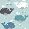 Simple whale seamless childish pattern in blue, white, grey and green colour. Hand drawn repeat pattern for wrapping, fabrik.