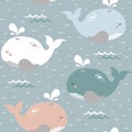 Simple whale seamless childish pattern in blue, white, pink and green colour. Hand drawn repeat pattern for wrapping, fabrik.