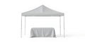 A simple white canopy tent with a table covered by a white cloth on a white background Royalty Free Stock Photo