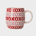 Simple white ceramic coffee mug with a playful repeating xoxo pattern in red and pink, isolated on transparent background Royalty Free Stock Photo