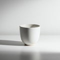 A simple white ceramic cup sits on a white surface against a plain white wall. The cup Royalty Free Stock Photo