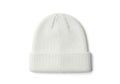 A simple white knitted beanie hat with a ribbed texture isolated on white background Royalty Free Stock Photo