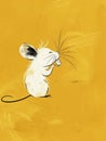 A simple white line drawing of a mouse nibbling on cheese, set against a soft, buttery yellow