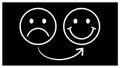 A simple white line drawing of a sad face turning into a happy face on a black background Royalty Free Stock Photo