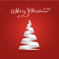 Simple white paper ribbon folded in a shape of Christmas tree. Merry Christmas theme. 3D vector illustration on red