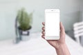 Simple white phone mockup in woman hand. Flat background with table and plant Royalty Free Stock Photo