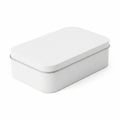 White Rectangular Metal Tin Box with Rounded Corners and Silver Rim on White Background Royalty Free Stock Photo