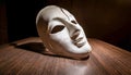 Simple white theatrical mask resting on a wooden surface. Royalty Free Stock Photo