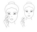 Simple woman face. Asian girl applies facial skin care with cotton pad