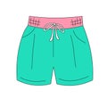 Simple women`s turquoise shorts on a drawstring on a white background. Freehand Doodle sketch.