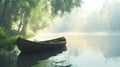 A simple wooden boat on a peaceful river, soft light and reflections creating a serene scene. pic Royalty Free Stock Photo