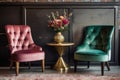 simple wooden chair among luxurious velvet chairs