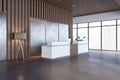 Simple wooden and concrete office lobby interior with reception desk, panoramic window with city view and other objects. Waiting Royalty Free Stock Photo