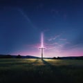 A Simple Wooden Cross in an Open Grassy Field at Dusk with Fireflies AI Generated