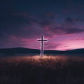 A Simple Wooden Cross in an Open Grassy Field at Dusk with Fireflies AI Generated