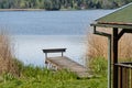 A simple wooden jetty and a holiday cottage on a shore of lake or pond in Holany, Czech Republic Royalty Free Stock Photo